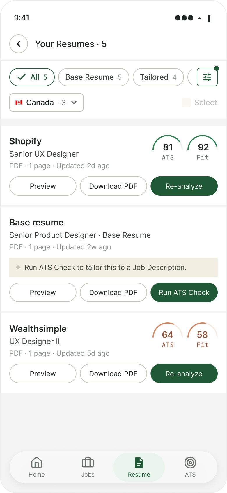 Resume tab · default