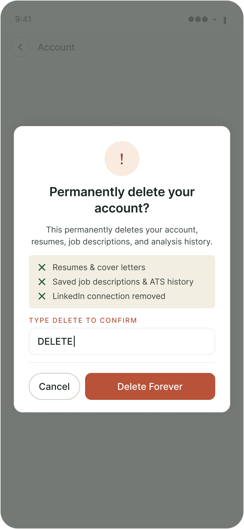 Delete account confirm