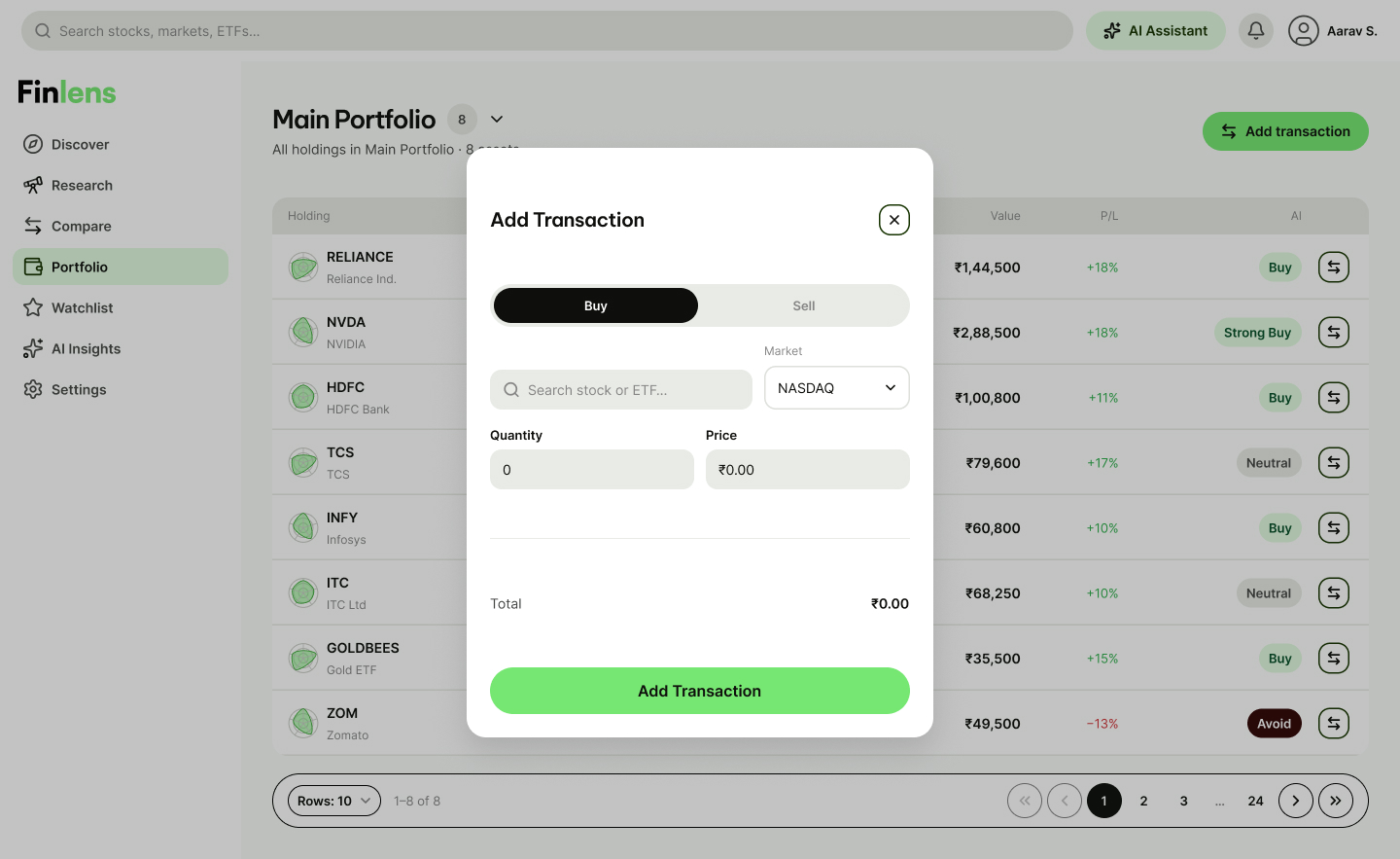 HF · Portfolio — Add Transaction