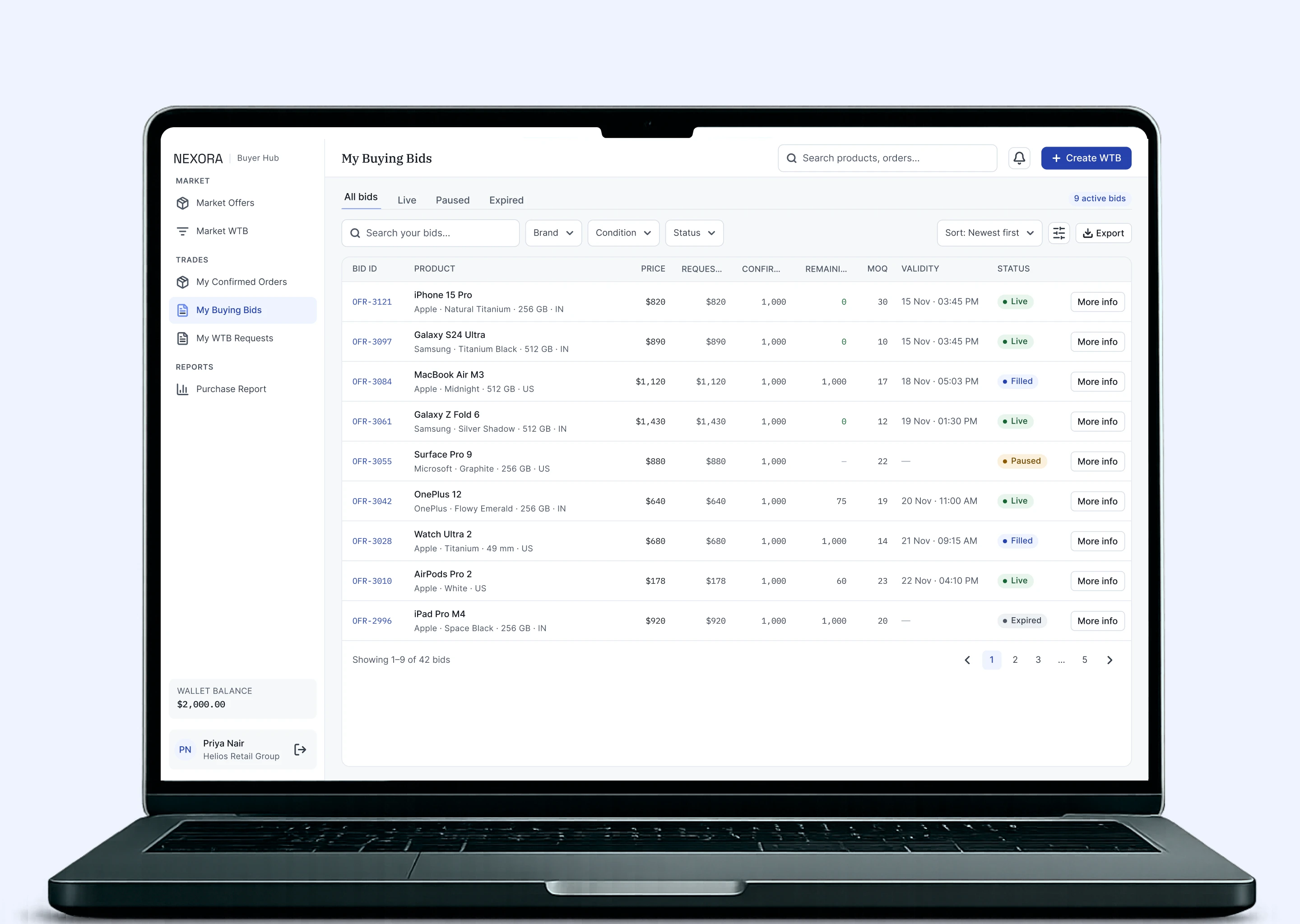 Nexora Buyer Hub on a MacBook: My Buying Bids with live, filled, paused and expired bids, statuses and validity windows