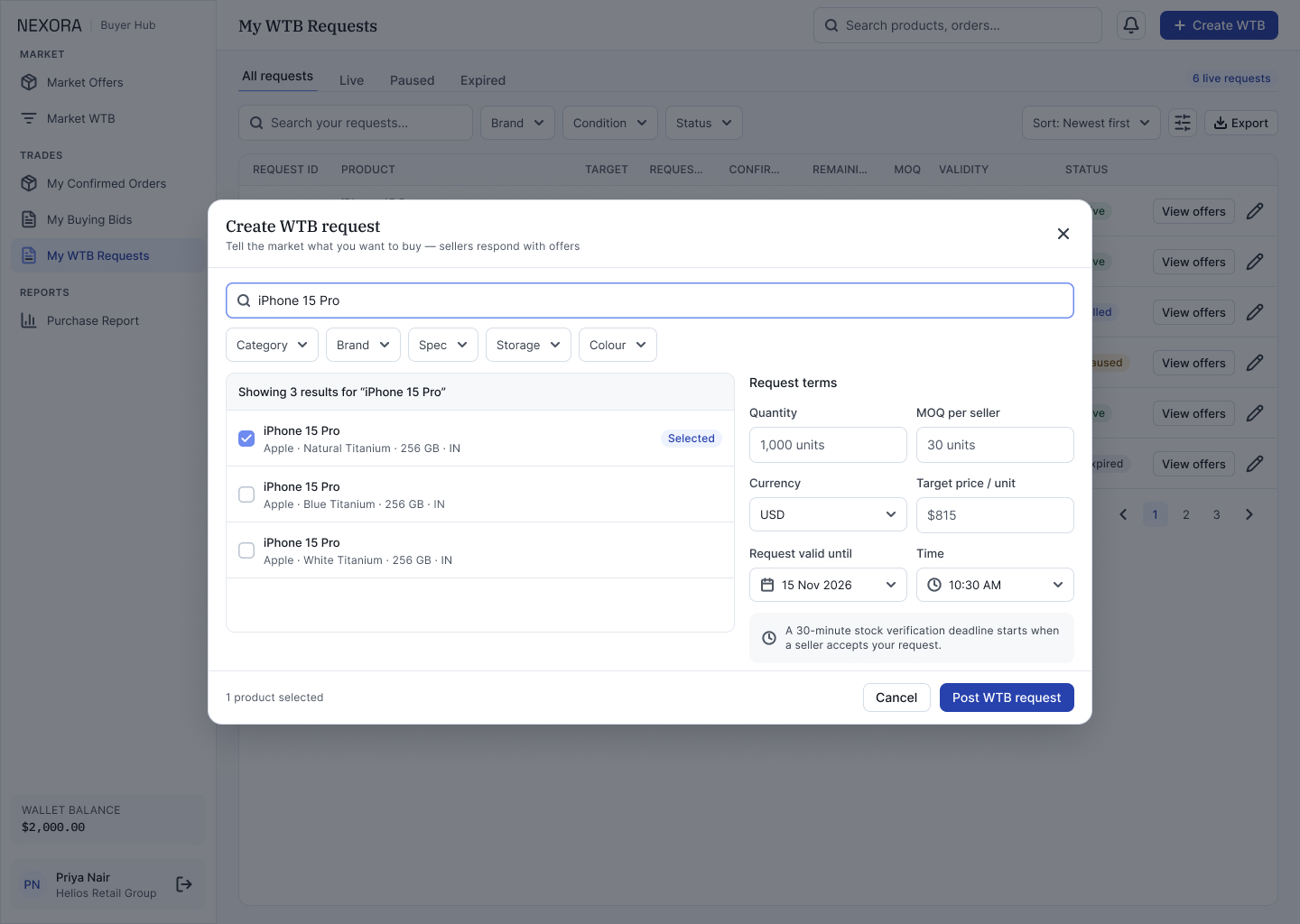 B3c · Modal — Create WTB Request