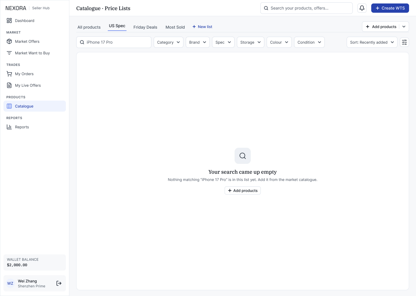 S8b · Price Lists — Empty Search